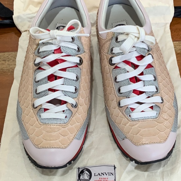 Lanvin Sneakers pink red silver python exotic lambskin lace up 39 us 9 Rose NWT - Picture 12 of 16